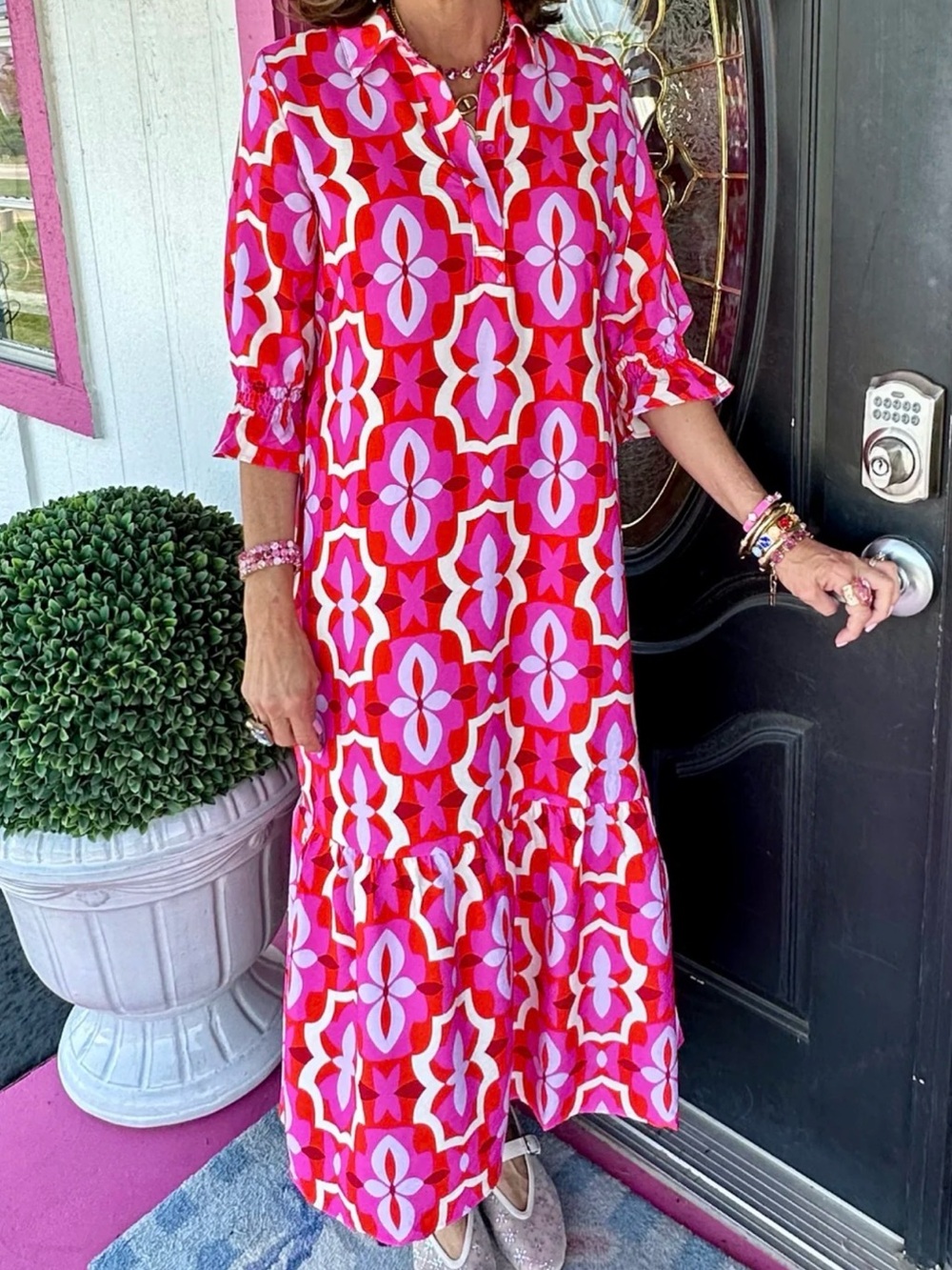 Boho Chic- Vibrant Pink & Red Geometric Maxi Dress